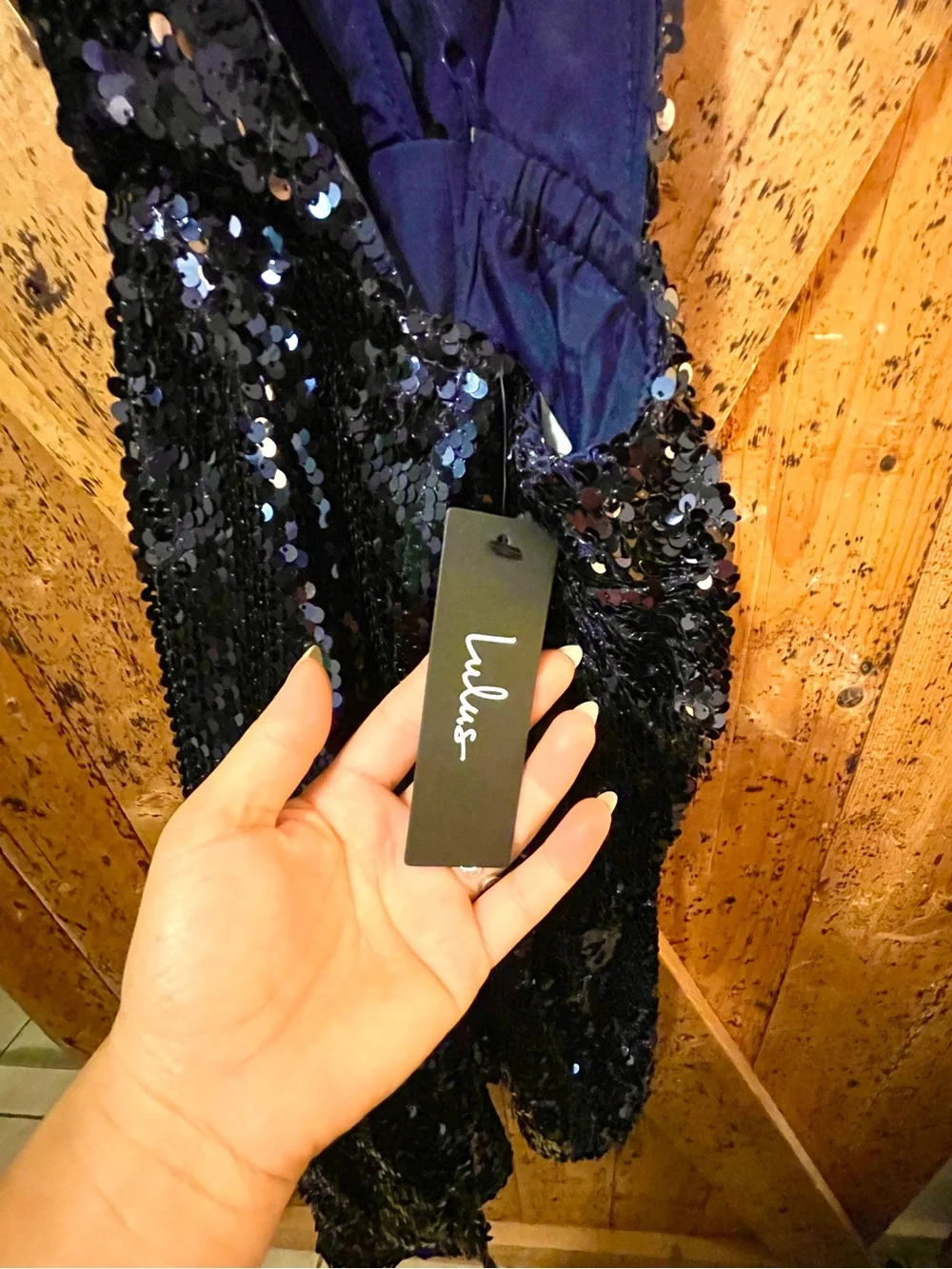 Lulu's Navy Blue Sequin Wrap Mini Dress - Picture 5 of 5